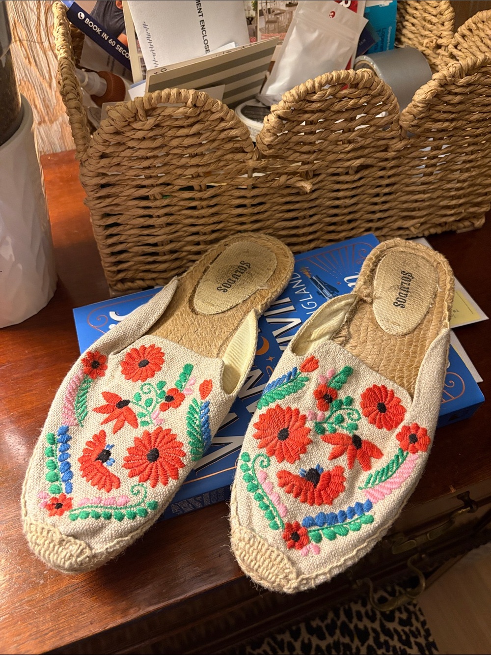 Soludos Beige Embroidered Slip-On Mules with Red Floral